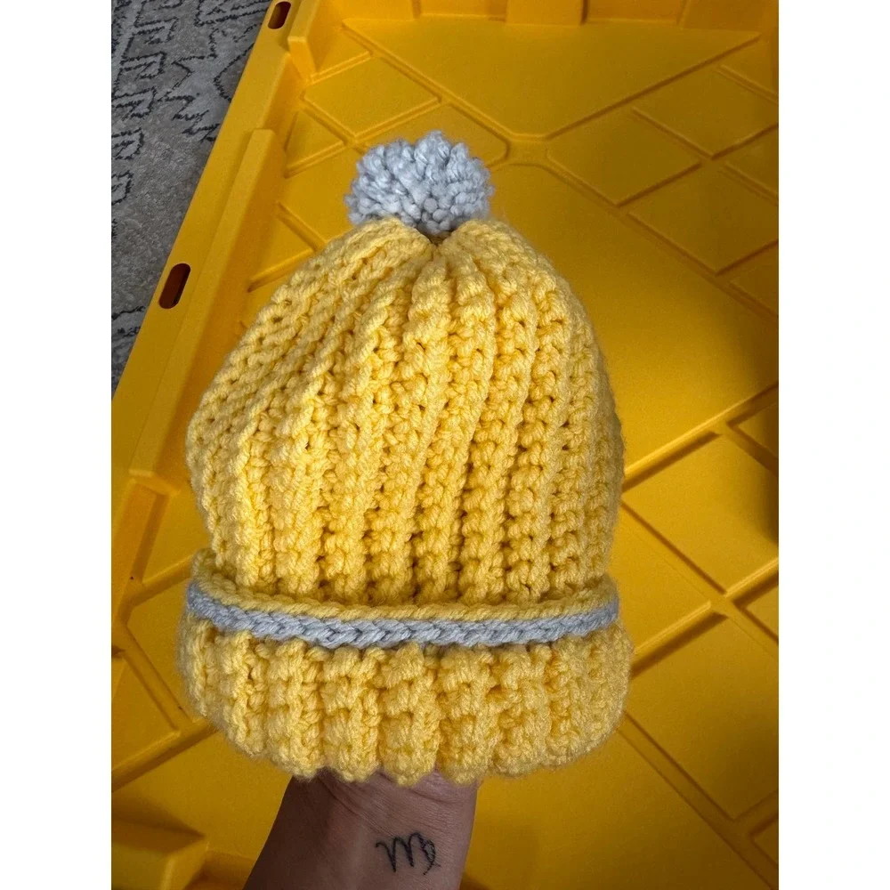 Handmade Kids Chunky Knit Beanie Yellow Grey Pom Pom Ribbed Winter Hat